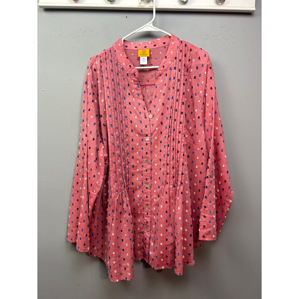 Ruby Rd. Pink Button-Front Pintuck Blouse with Blue Dot Print